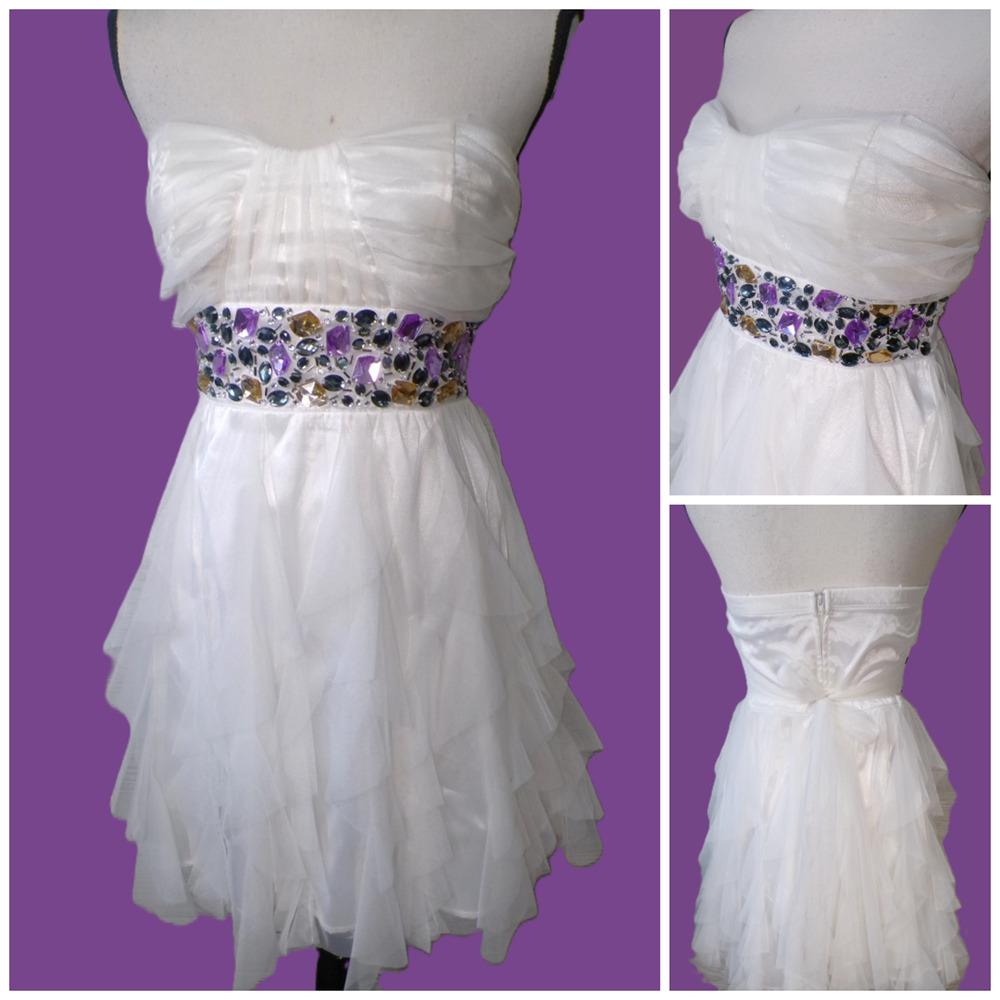Y2k strapless Babydoll Mini dress 7 6 white tulle Gemstones Waist Fairy Prom